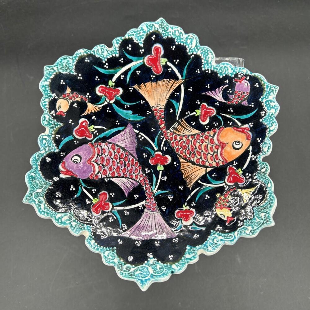 7" Multi-Color Turkish Raised Huran Cetin Fish Pattern Handmade Ceramic Plate